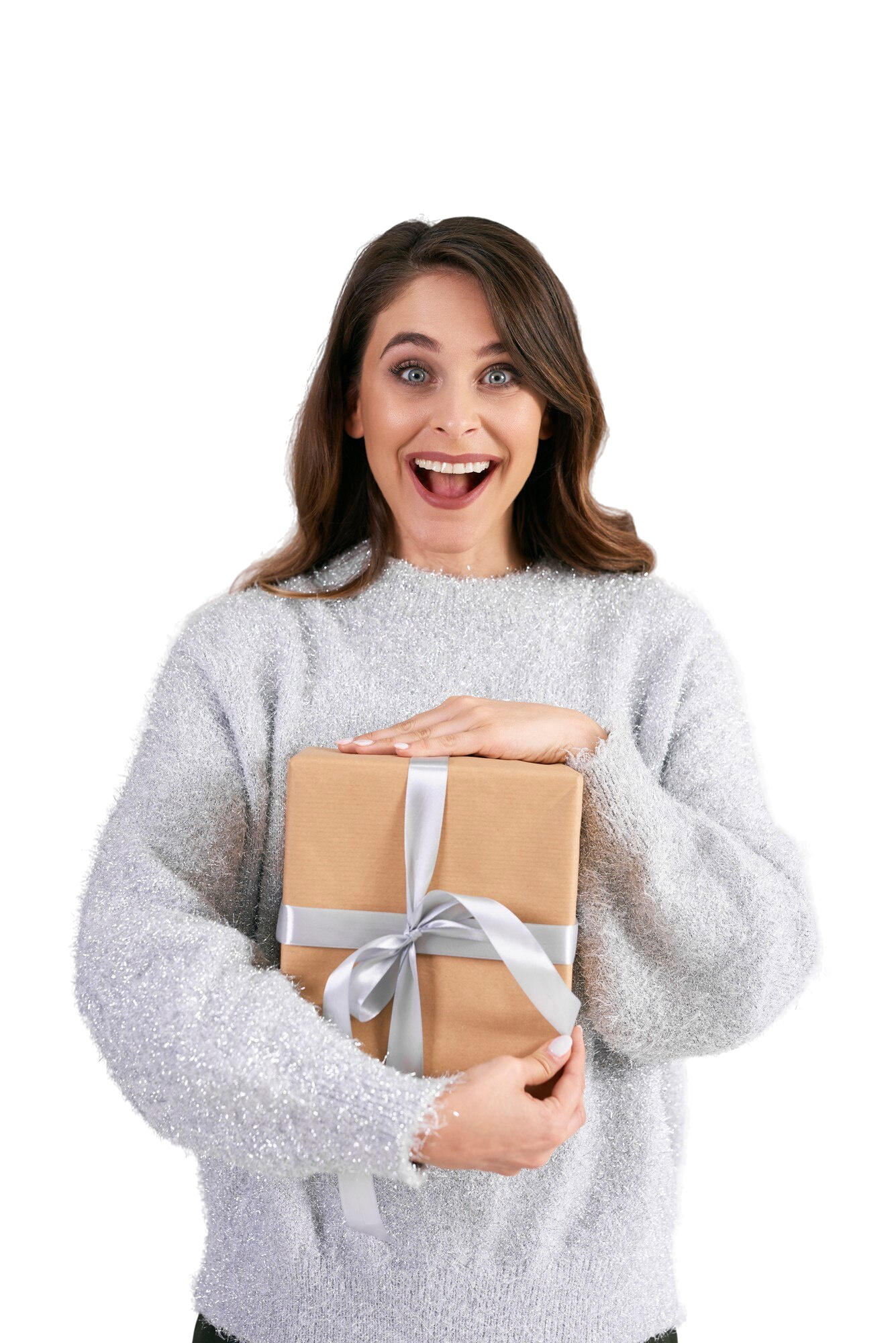 portrait screaming woman with gift